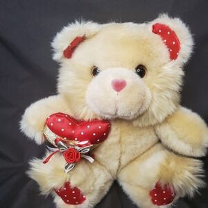 WalMart Valentine's Day Plush Stuffed Animal Beige 8" Teddy Bear Heart Polka Dot